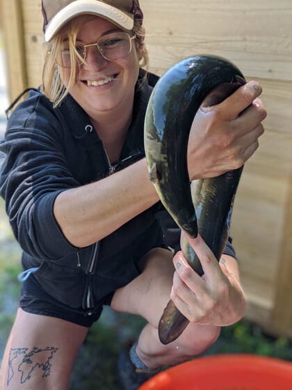 Person holding an adult eel