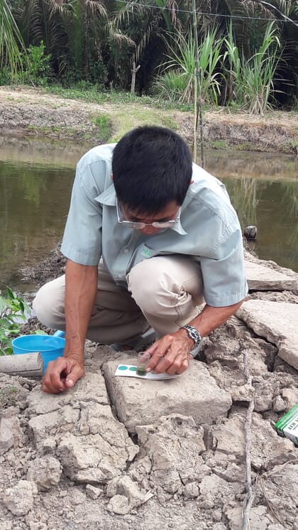 Person conducting a water quality test at the edge of a fish pond