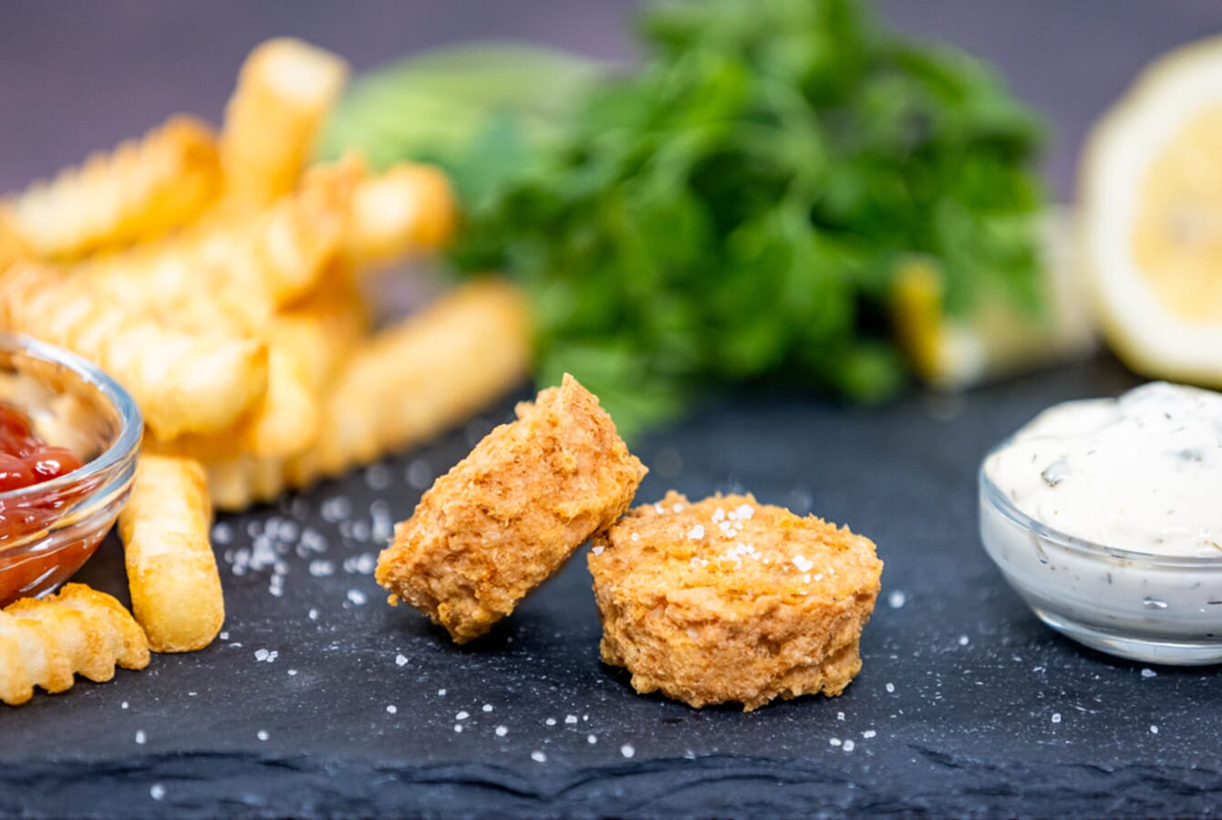 A close up of alternative cultured fish in a plate served with fried and a salad.