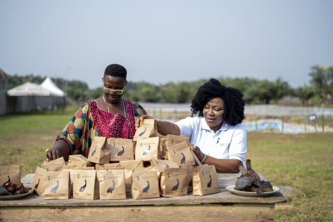 People with seafood products.