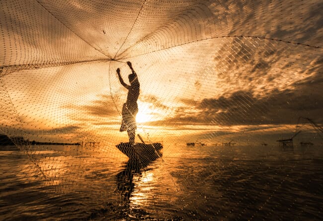 person throwing a net into the water