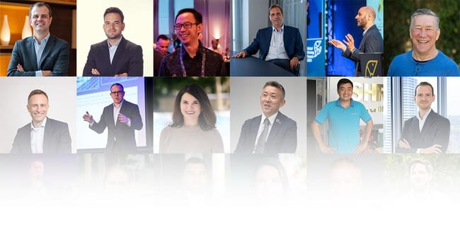 Headshots of speakers at a shrimp conference.