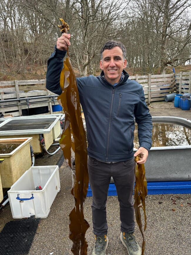A man holding a piece of seaweed