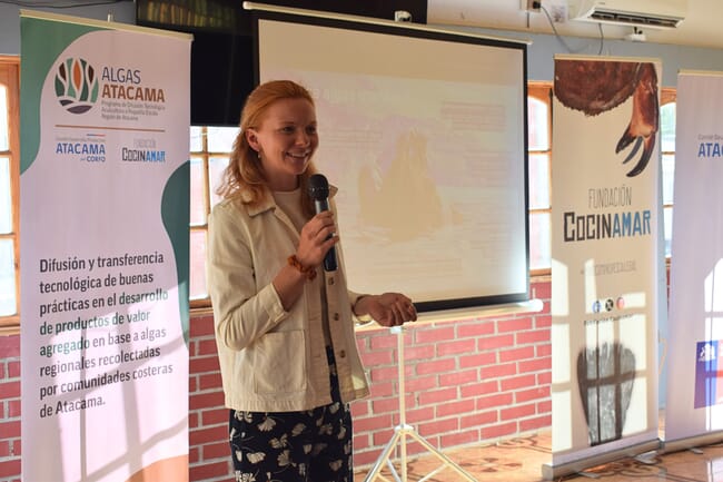 A woman giving a presentation.