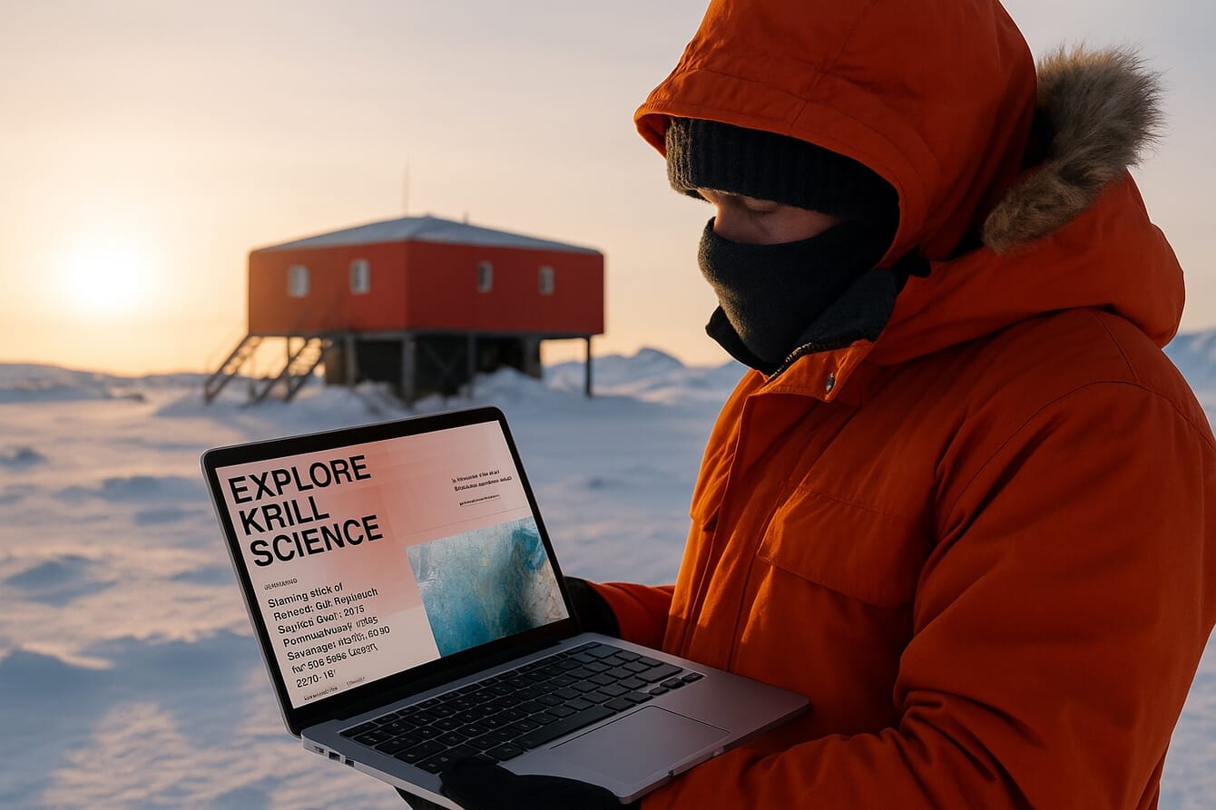 A person with a laptop outside in the snow.