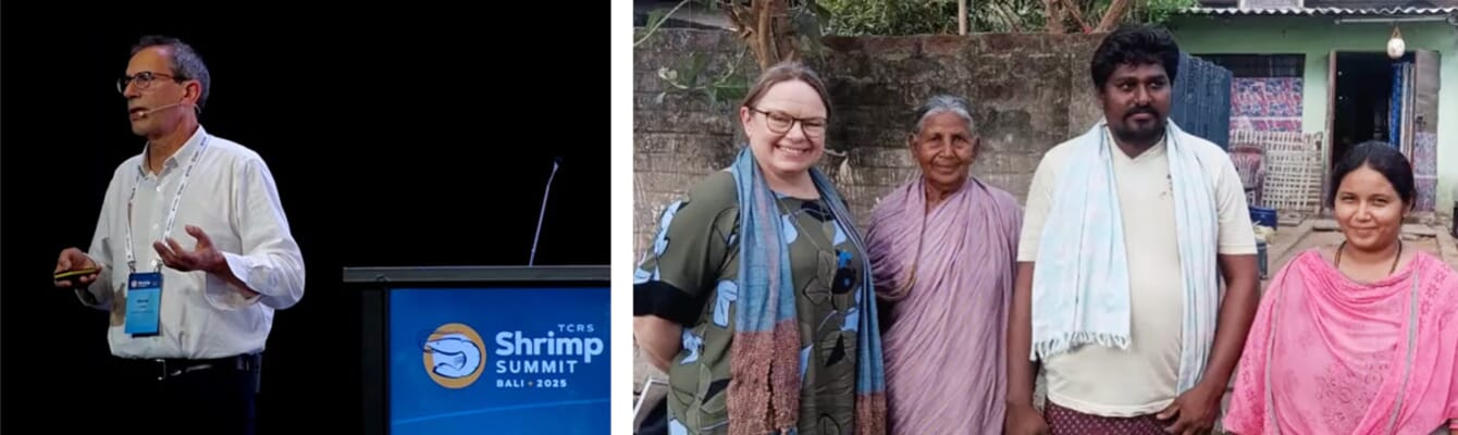 A man giving a keynote speach at a conference alongside a woman with shrimp local farmers.