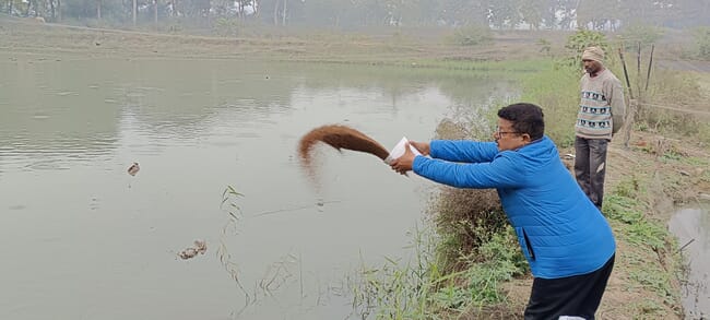 A man with fish feed.