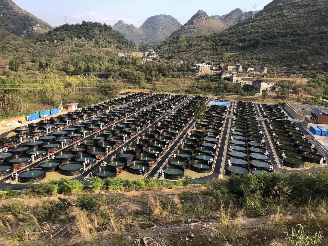 A fish farm made up of a series of circular tanks.