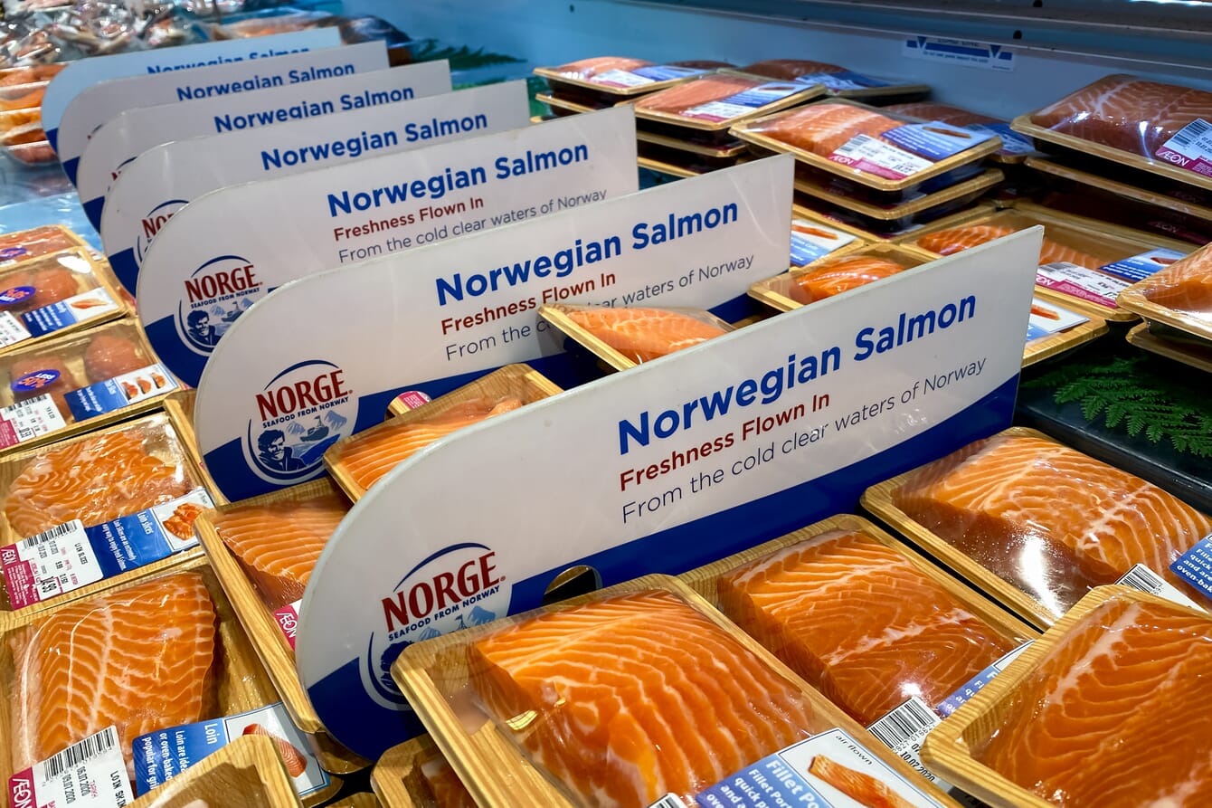 Salmon fillets in a shop display.
