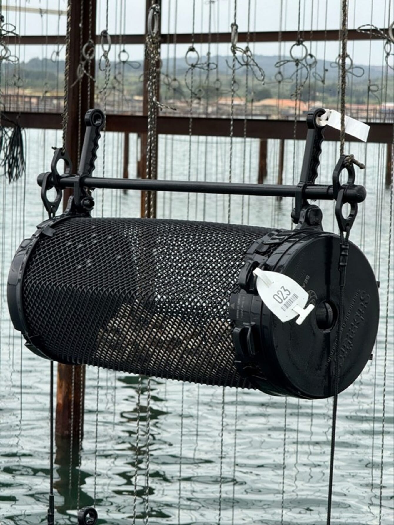 A plastic basket suspended above the sea.