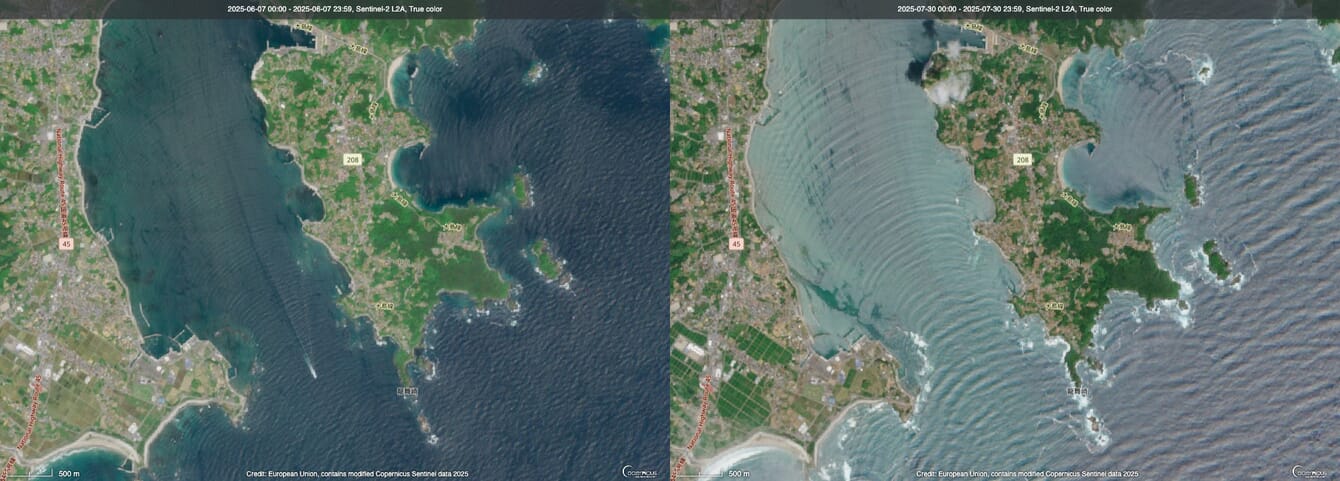 A satelite image of a bay before and after a strong earthquake.