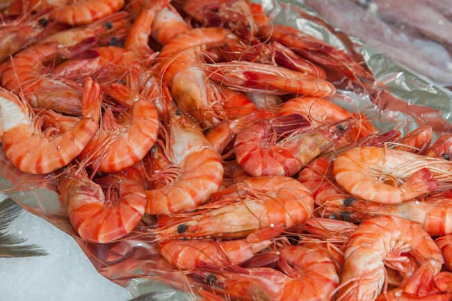 A bunch of shrimp in a shop.
