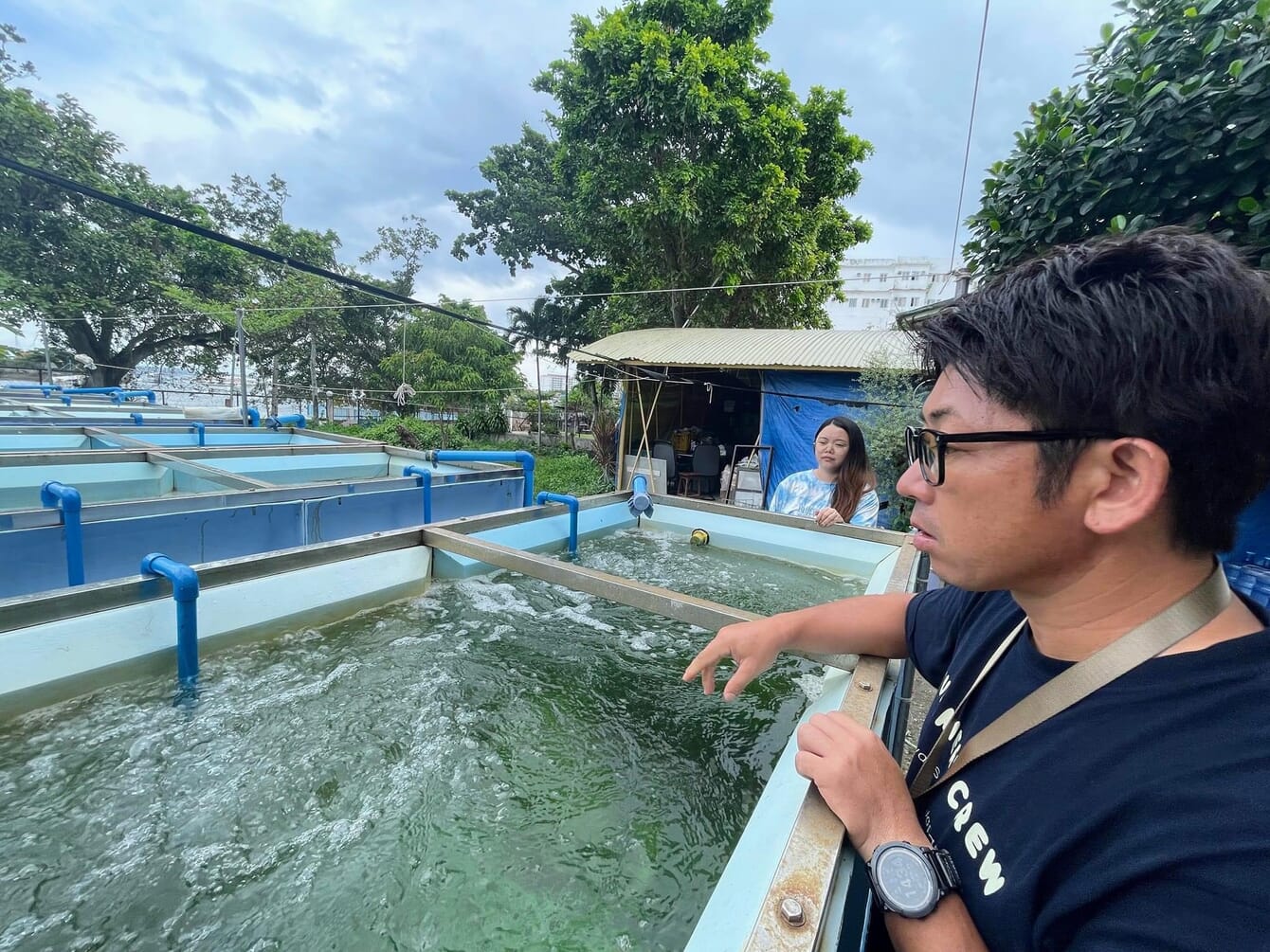 A man observing seaweed in tanks.