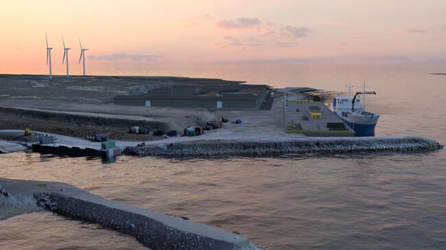 A CGI of a large indoor fish hatchery on the coast.