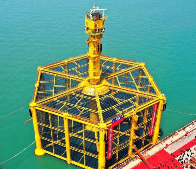 A large yellow floating cage.