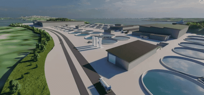 A CGI of a land-based fish farm.