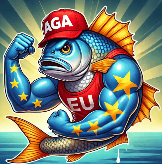 A cartoon of a muscular fish in a red cap.