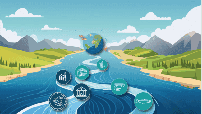 A graphic of the seafood industry coming together with the financing industry.