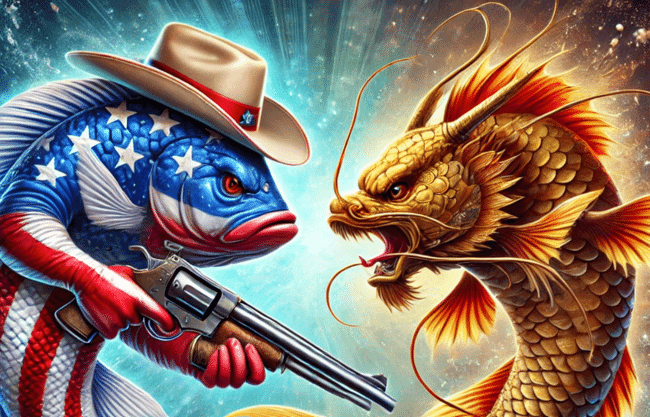 A face-off between a cartoon cowboy fish and one that looks slightly Asian